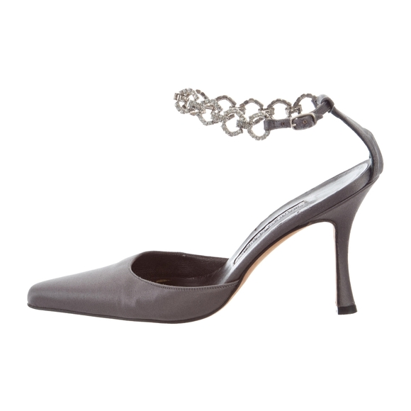 MANOLO BLAHNIK Grey Satin Crystal Embellished Pointed-Toe Heels - Picture 2 of 16